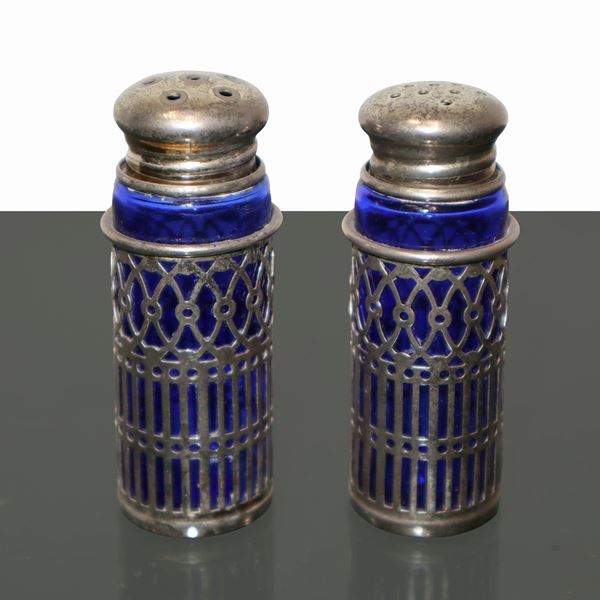 Salt and pepper, glass and silver