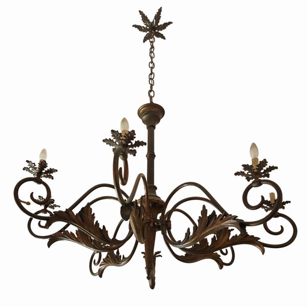 * 8-light chandelier in burnished metal, hand-worked and forged