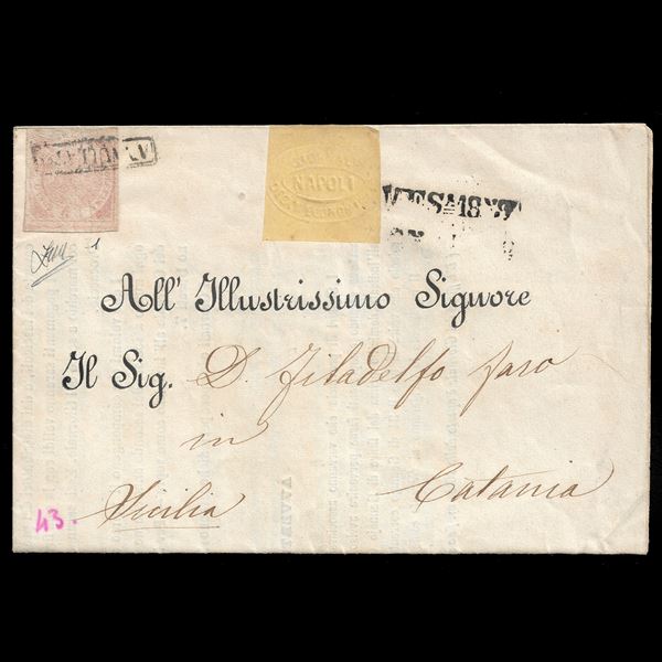 1858, 1/2 gr. Rosa chiaro I tavola (1) isolato su circolare a stampa da Napoli per Catania, 20/01/1859. Cert. Zappalà