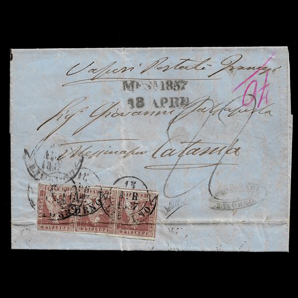 1857,  1 cr. Carminio bruno su grigio (4e) striscia di tre, difettosi su lettera da Livorno per Catania, 15/04/1957. Cert. Zappalà
