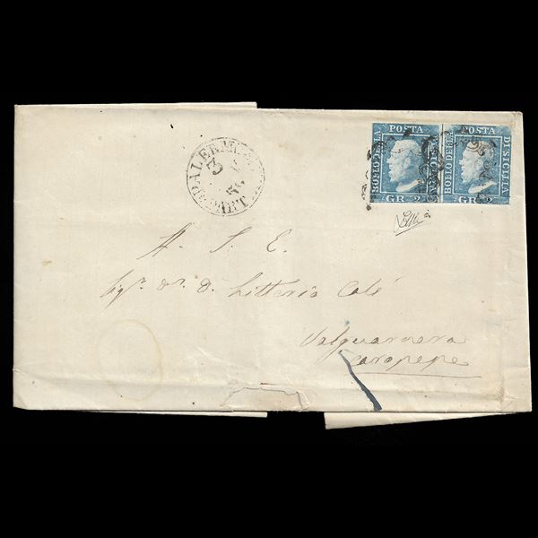 1859,  2 gr. Azzurro I tav. (n.6) coppia orizzontale, margini esigui su lettera da Palermo per Valguarnera, 03/11/1859. Cert. Zappalà