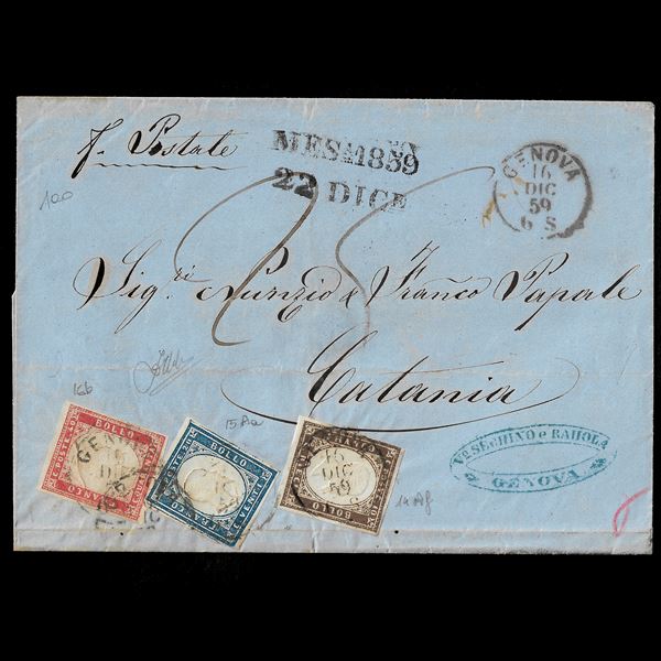 1859, 10 c. bruno cioccolato scuro + 20 c. azzurro oltremare scuro + 40 c. rosso carminato (Sassone 14Af + 15Aa + 16Bb) su lettera da Genova per Catania, 16/12/1859. Da esaminare, cert. Zappalà