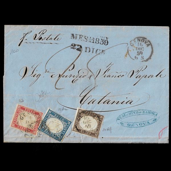 1859, 10 c. bruno cioccolato scuro + 20 c. azzurro oltremare scuro + 40 c. rosso carminato (Sassone 14Af + 15Aa + 16Bb) su lettera da Genova per Catania, 16/12/1859. Da esaminare, cert. Zappalà