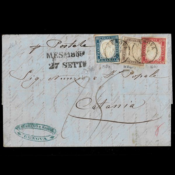 1859, 10 c. bruno giallastro + 20 c. indaco oltremare + 40 c. rosso scarlatto (Sassone 14Aa + 15Bb + 16A), tricolore su lettera da Genova per Catania, 23/09/1859. Il 40 c. corto in basso. Cert. Zappalà