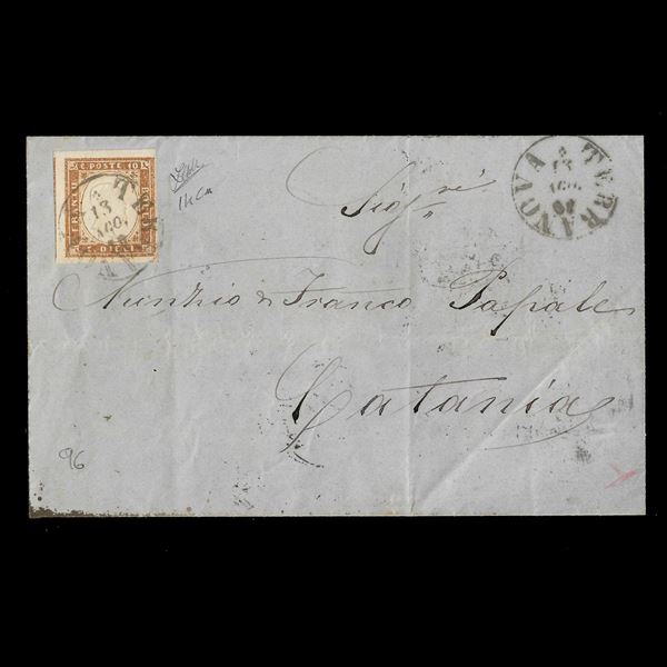 1862, 10 c. bruno rossastro (14Cn) su lettera da Terranova per Catania, 13/8/1862. Cert. Zappalà.