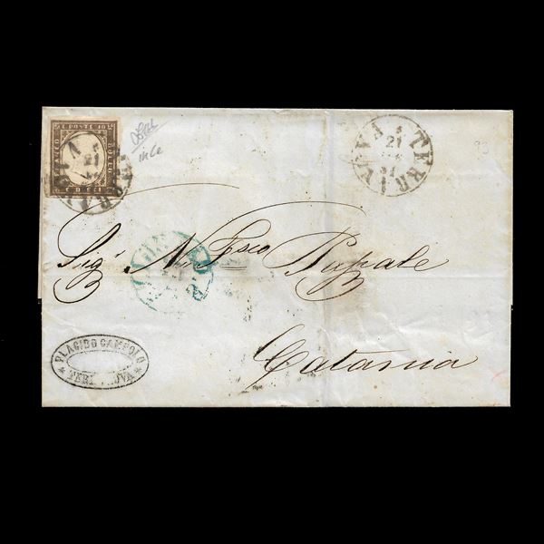 1861, 10 c. bruno cioccolato scuro (14Ce) su lettera da Terranova per Catania, 21/7/1861. Cert. Zappalà