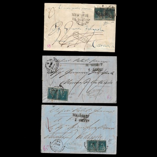 1857/58, 6 cr. Azzurro (Sassone n. 15) tre coppie su altrettante lettere da Livorno per Catania. Margini da esaminare. (3 cert. Zappalà)