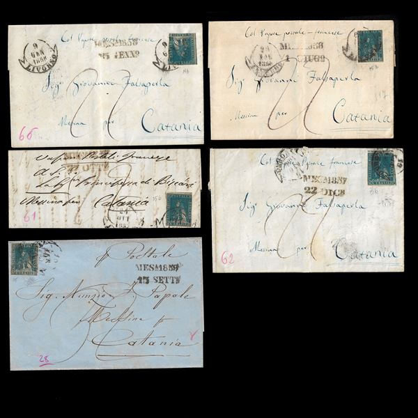 1858, 6 cr. Azzurro  cupo (15b), 5 esamplari di II scelta su altrettante lettere da Livorno per Catania. Da esaminare.