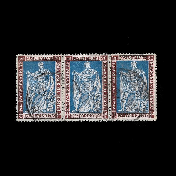 1928, Emanuele Filiberto, 20c. Dent. 13 3/4 (Sassone 230) horizontal stripe of 3, one defective. Together to examine. (Cert. Zappalà)