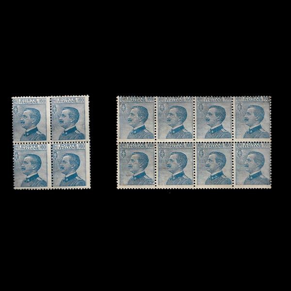 1923, Michetti 60 c. azzurro (157) blocco di otto + blocco di quattro. Nuovi gomma integra. (cert. Zappalà)