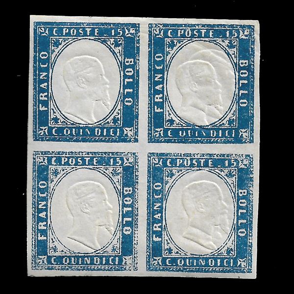 1863, 15th c. light blue (11) block of four, 2 intact, examples on the right with well-spaced effigy. (Cert. Zappalà)
