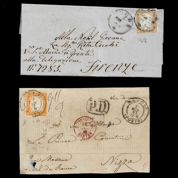 1863, 80 c. giallo arancio (Sassone n. 4), esemplare con dentellatura parzialmente rasata in alto, su frontespizio  di lettera da Napoli/Porto (p.12) per Nizza, in tariffa di doppio porto, 7/11/1863.