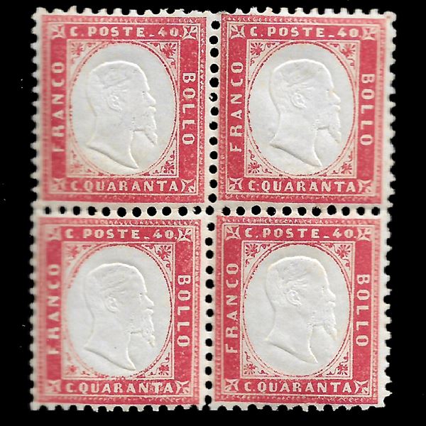 1862, 40 c. carmine red (Sassone n. 3) in well-centred quadruplet, gum intact. (cert. Zappalà)