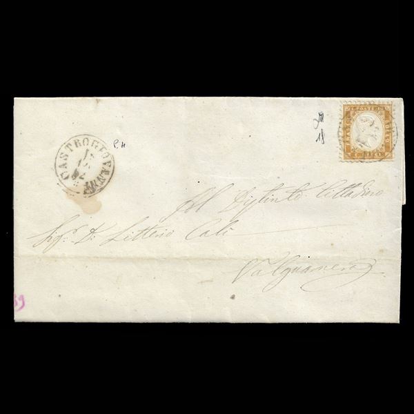 1862, 10 c. bistro (1f) su lettera del 16/11/1862 da Castrogiovanni (P.12) per Valguarnera. (Cert. Zappalà)