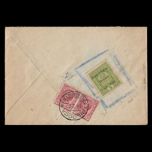 1920. Lettera da Milocca a Catania del 13/02/1920. Interessante iter postale, ampiamente descritto allegata certificazione peritale. Cert. Zappalà.