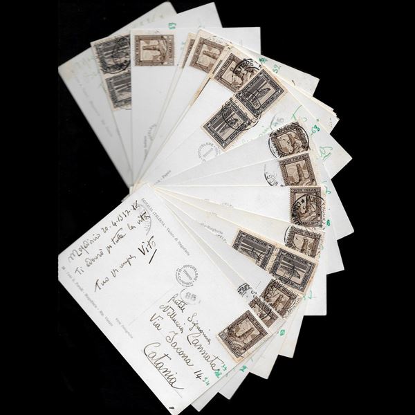 1937. Lotto  di 20 cartoline, formato piccolo, lucide, viaggiate in tariffa, da Mogadiscio per Catania,  affrancate con 30 cent bruno, serie "Pittorica" (Sass. 219)