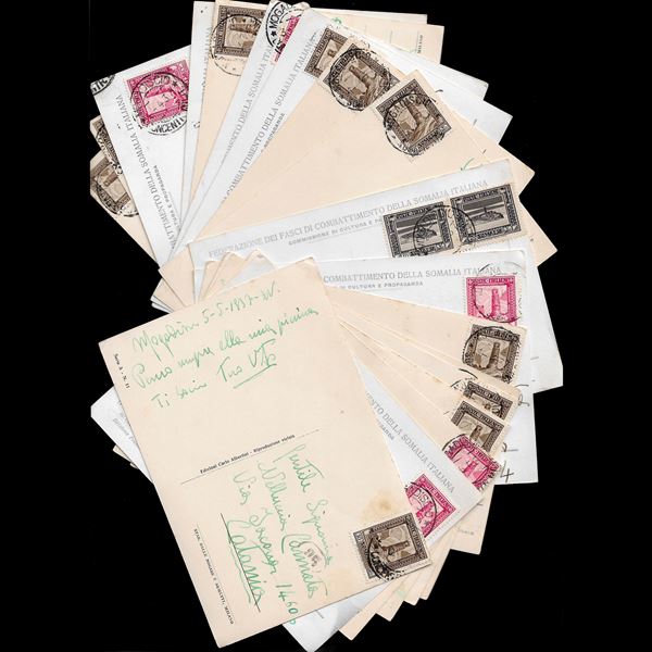 1937. Lot of 19 postcards, large format, fare travelled, from Mogadishu to Catania, franked with 20 cent carmine, "Pittorica" series (Sass. N. 217)