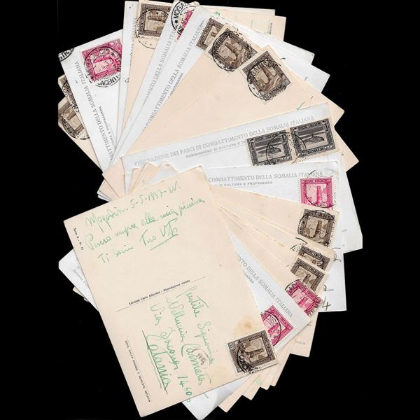 1937. Lotto di 19 cartoline, formato grande, viaggiate in tariffa, da Mogadiscio  per Catania, affrancate con  20 cent carminio, serie "Pittorica" (Sass. N. 217)