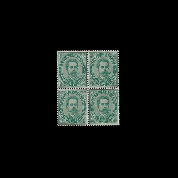 1879. Effigy of Umberto I - 5 cents. Green, new quatrain, Corona watermark, perforation 14 by 14 1/4 (Sassone n. 37). Original rubber, top examples with light trace of hinge, the bottom two intact rubber.