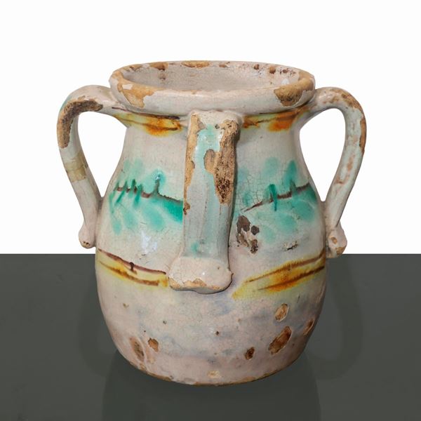 Salt cellar with 4 handles in polychrome ceramic from Caltagirone