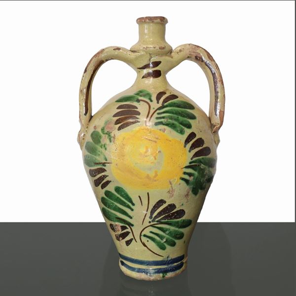 Caltagirone polychrome ceramic bummulo with yellow and green flower decoration