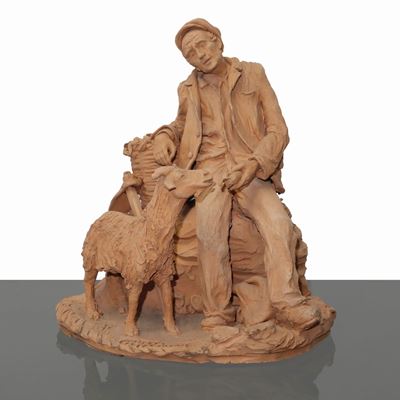 Pastore con Capretta in Terracotta di Caltagirone
