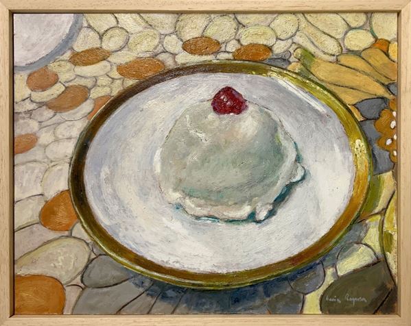 Dipinto ad olio su tavoletta raffigurante cassatella catanese "Minne di Sant'Agata". omaggio a Sant'Agata. Firmato in basso a sinistra Lucia Ragusa e ... 