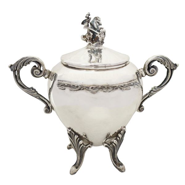 silver sugar bowl with handles and handle with Saint George and Dragon