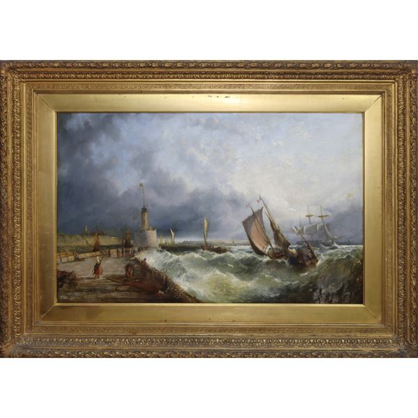 Ship in storm with boats