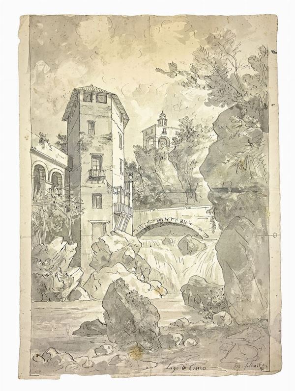 disegno  a china e matita acquerello grigio raffigurante Pioderna, in localitÃ  Bellano. che confluisce nel lago di Como. Siglato Lago di Como e ... 