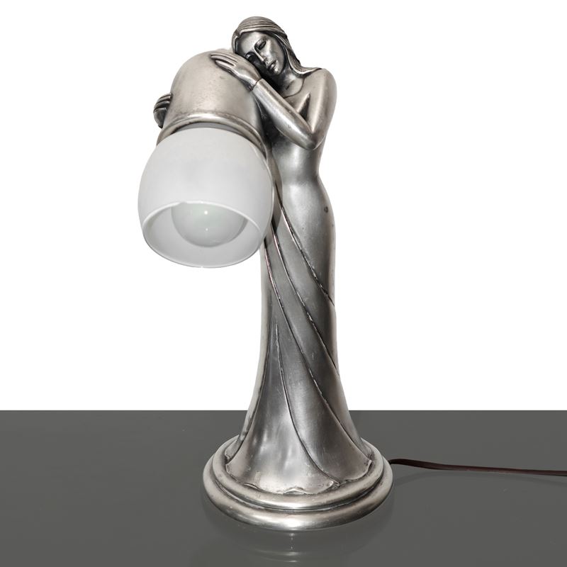 Giuliano Ottaviani - Lampada Scultura Raffigurante Donna Placcata in Argento 800 Vermeil