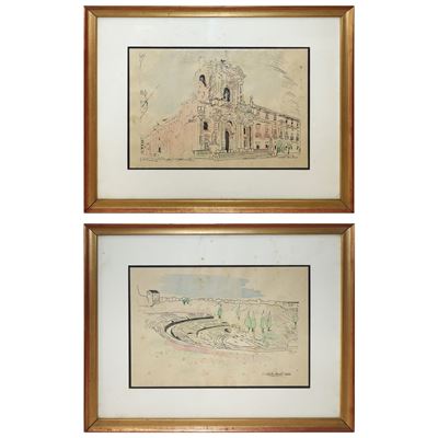 Coppia di Disegni Acquerellati Raffiguranti Teatro Greco e Cattedrale Santa Lucia di Siracusa, Fi...