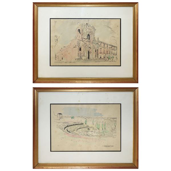 Pairs of watercolor drawings depicting the Greek Theater and the Cathedral of Santa Lucia of Syracuse, signed Salvatore Amato