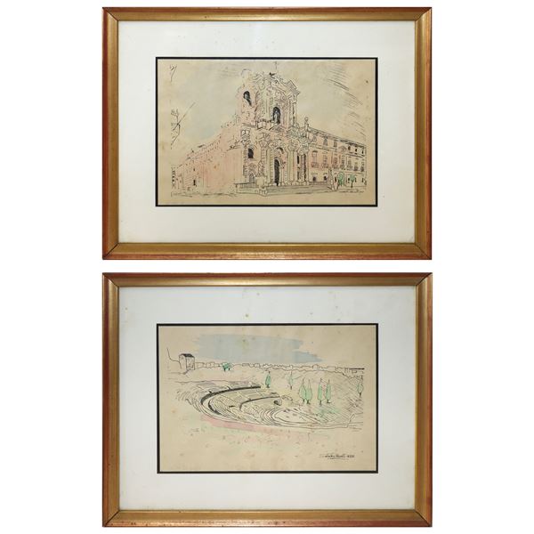 Coppia di disegni acquerellati raffiguranti Teatro Greco e Cattedrale Santa lucia di Siracusa, Firmato Salvatore Amato