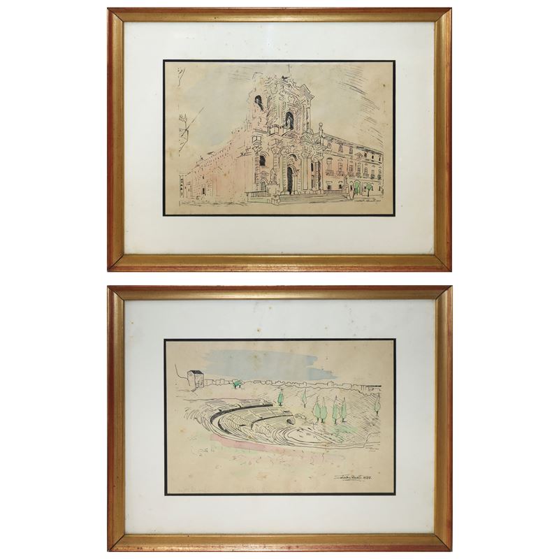 Coppia di Disegni Acquerellati Raffiguranti Teatro Greco e Cattedrale Santa Lucia di Siracusa, Fi...