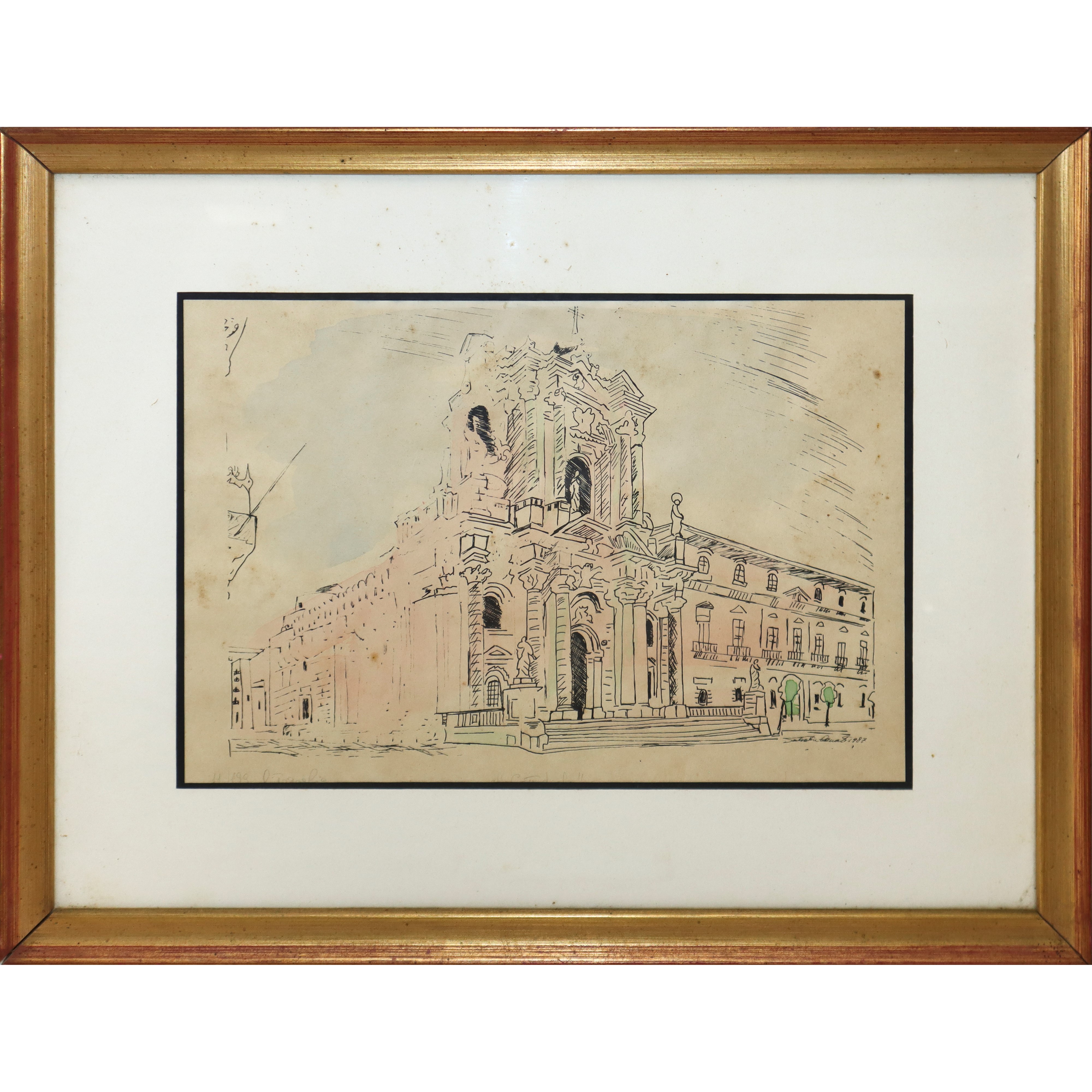 Coppia di Disegni Acquerellati Raffiguranti Teatro Greco e Cattedrale Santa Lucia di Siracusa, Fi...