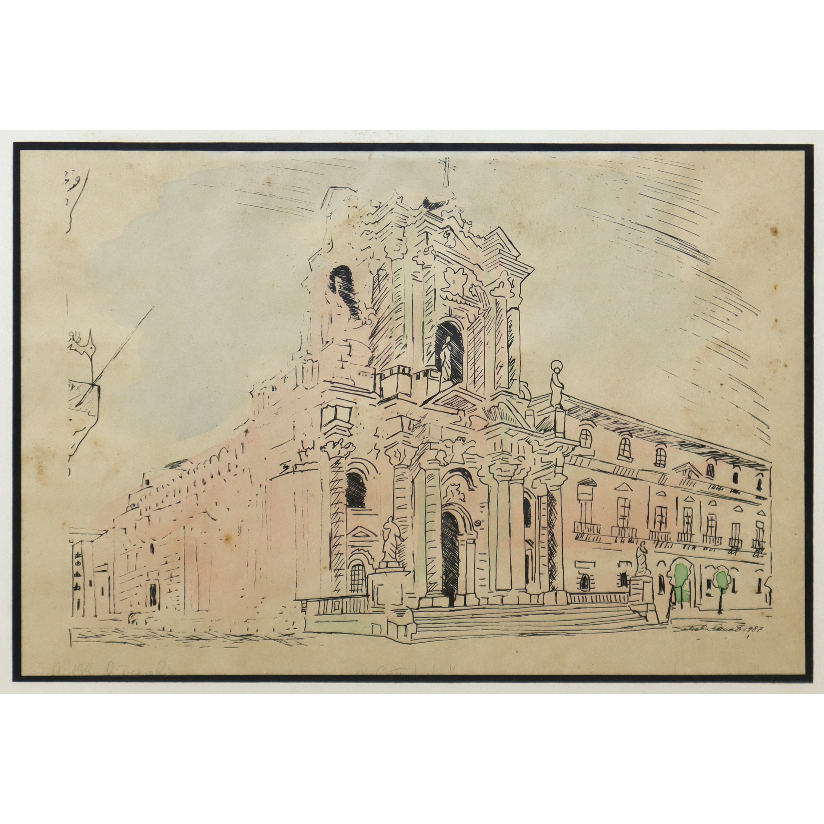 Coppia di Disegni Acquerellati Raffiguranti Teatro Greco e Cattedrale Santa Lucia di Siracusa, Fi...