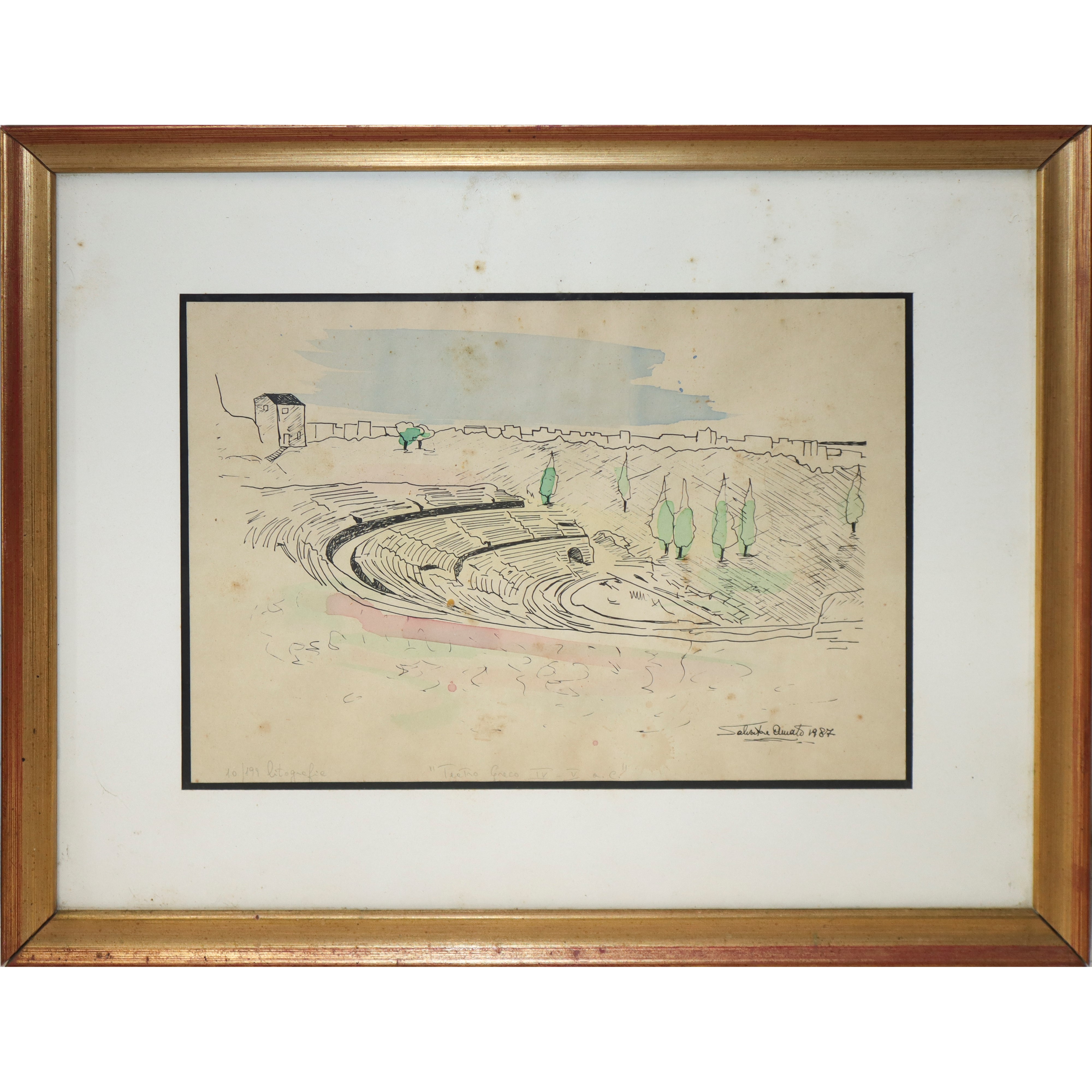 Coppia di Disegni Acquerellati Raffiguranti Teatro Greco e Cattedrale Santa Lucia di Siracusa, Fi...