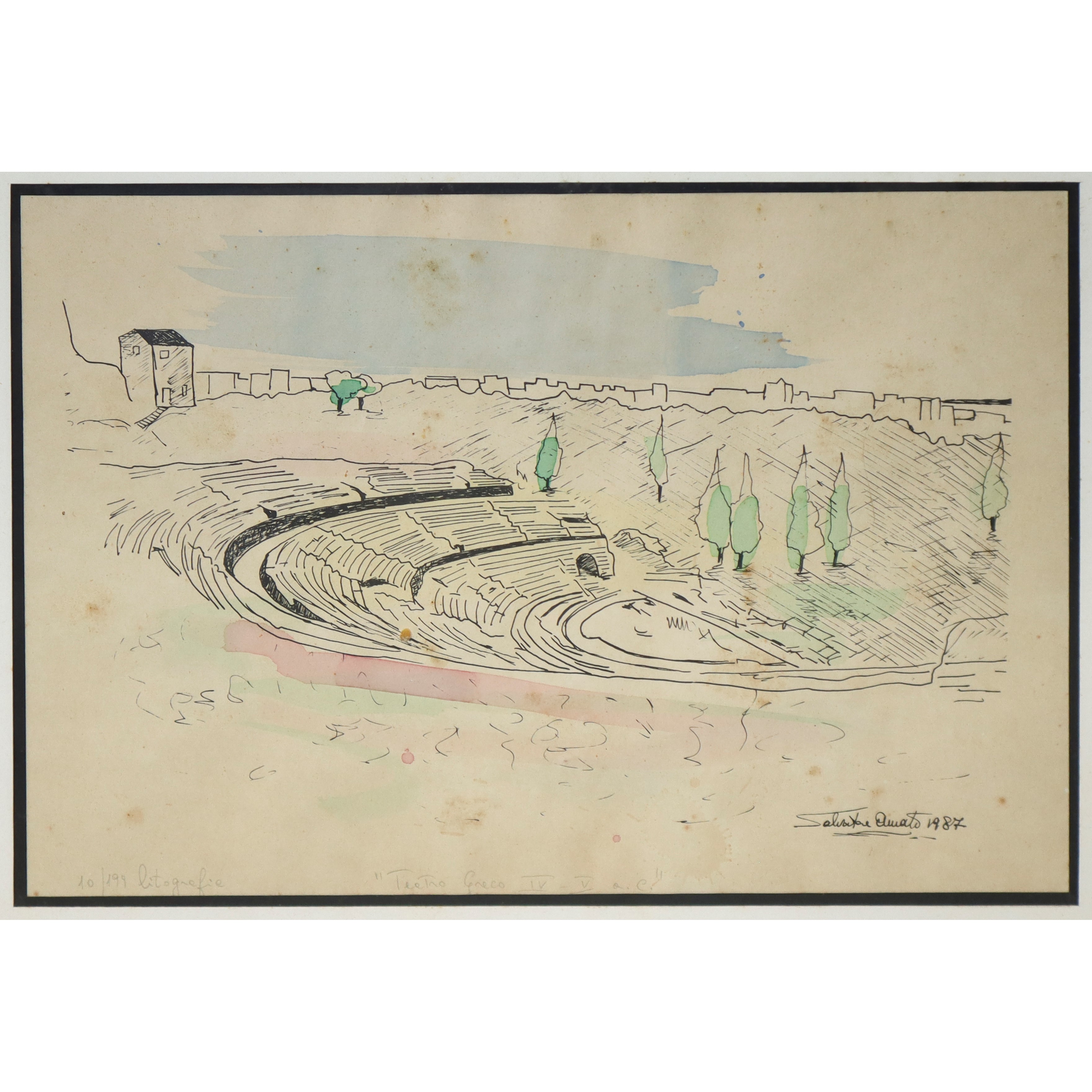 Coppia di Disegni Acquerellati Raffiguranti Teatro Greco e Cattedrale Santa Lucia di Siracusa, Fi...