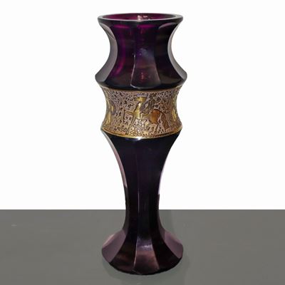 Vaso Art Decò in Vetro Viola con Decorazioni in Oro