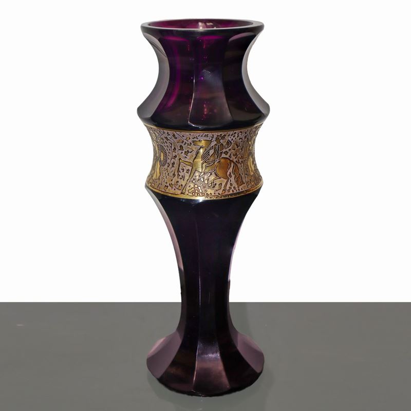 Moser Karlsbad - Vaso Art Decò in Vetro Viola con Decorazioni in Oro