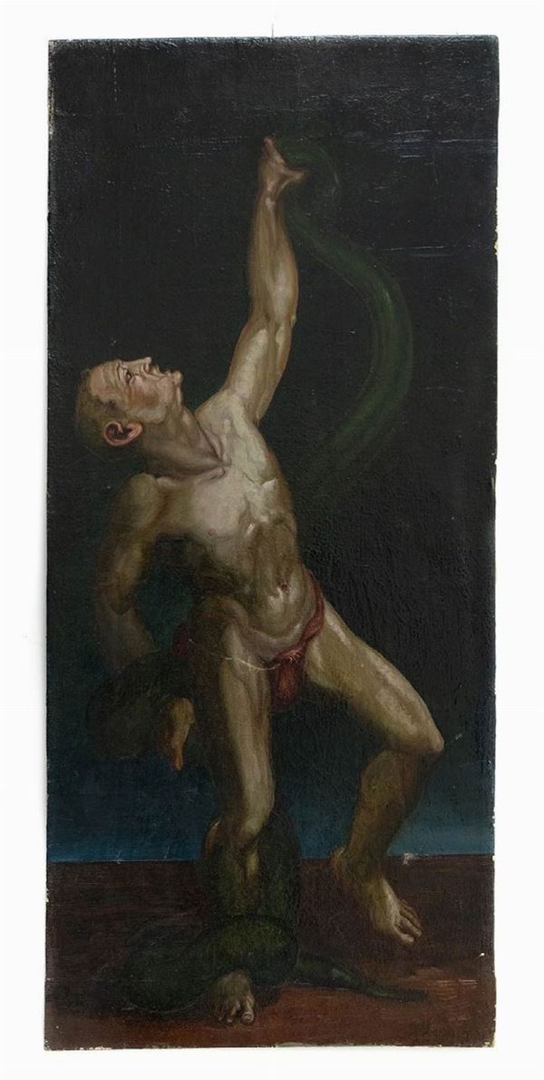Giuseppe Vizzotto Alberti : Uomo con serpente   ( XIX Secolo)  - Dipinto ad olio su tela - Asta Dipinti: Antichi, Moderni e Contemporanei - Casa d'aste La Rosa