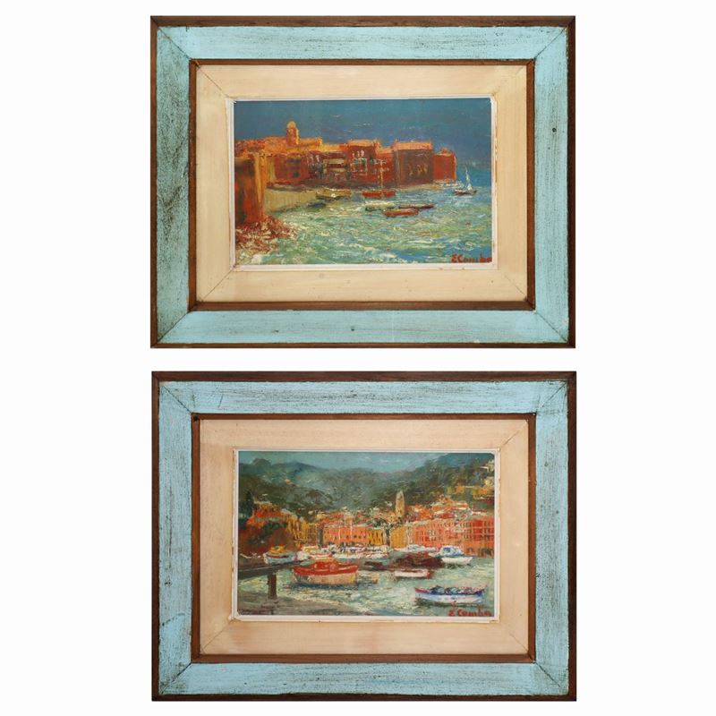 Emilio Comba - Coppia di Paesaggi, Portofino e Saint Tropez