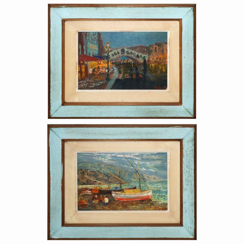 Coppia di paesaggi, Notturno di Venezia e Ponte di Rialto, Marina con barche a secco