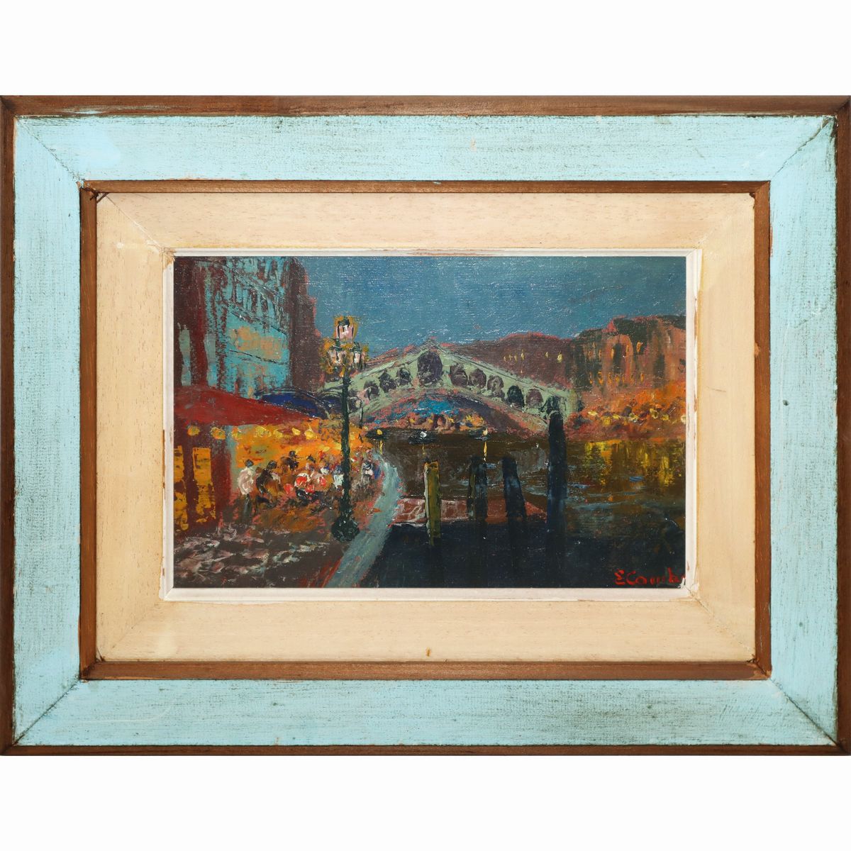 Coppia di paesaggi, Notturno di Venezia e Ponte di Rialto, Marina con barche a secco