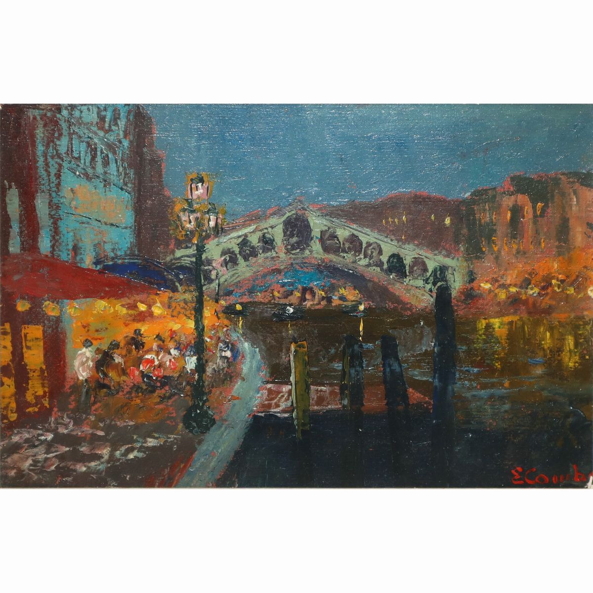 Coppia di paesaggi, Notturno di Venezia e Ponte di Rialto, Marina con barche a secco