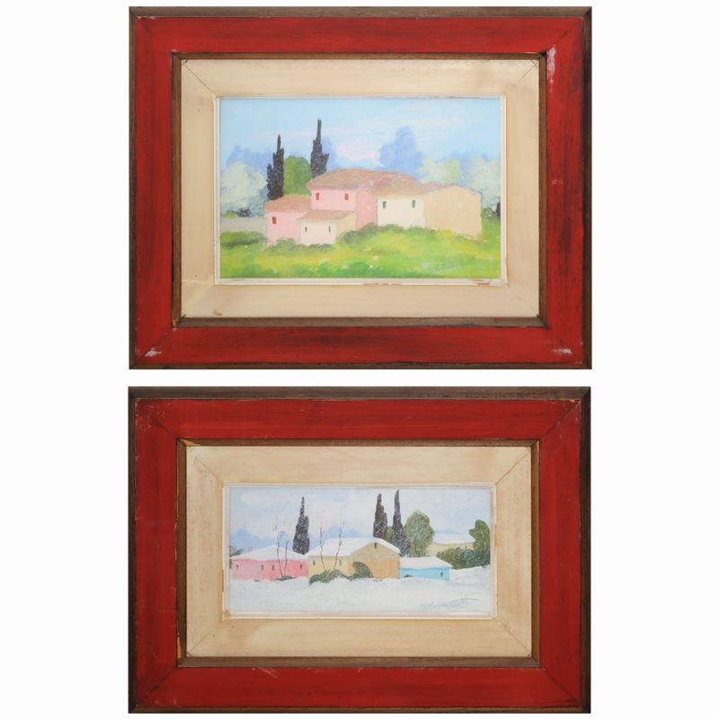Giuseppe Innocenti - Coppia di Dipinti, Paesaggio con Case Innevate, Paesaggio con Case e Cipress...