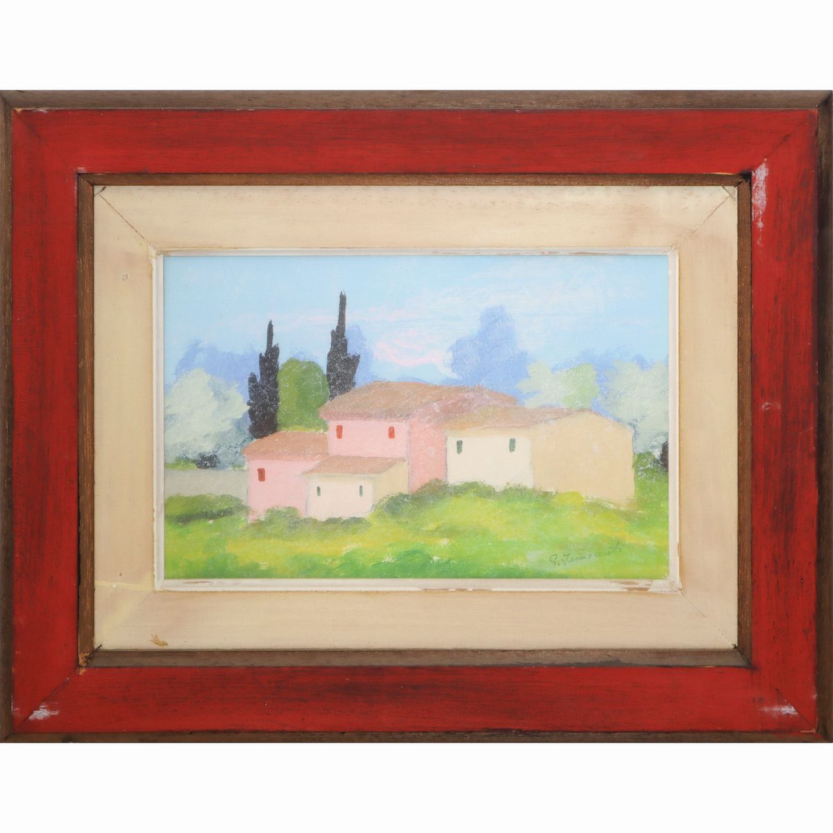 Coppia di Dipinti, Paesaggio con case innevate, Paesaggio con case e cipressi