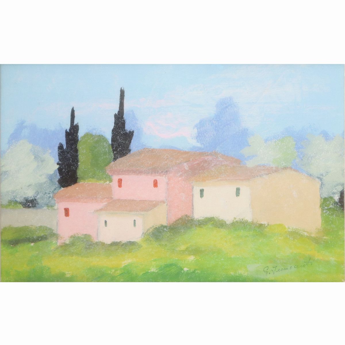 Giuseppe Innocenti - Coppia di Dipinti, Paesaggio con Case Innevate, Paesaggio con Case e Cipress...
