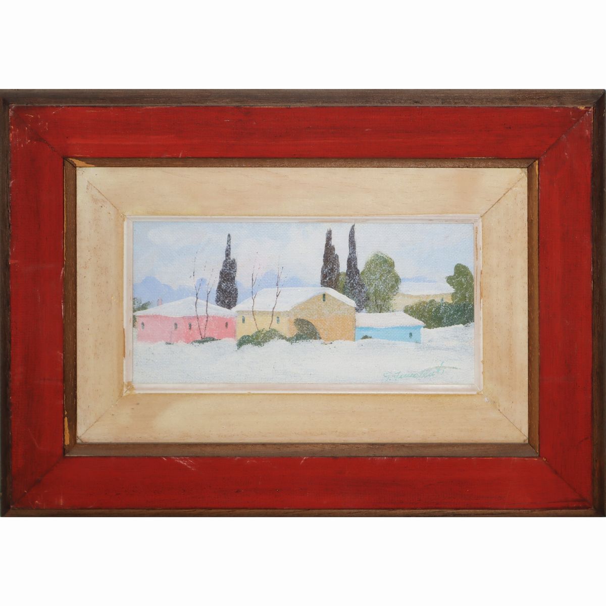 Coppia di Dipinti, Paesaggio con case innevate, Paesaggio con case e cipressi